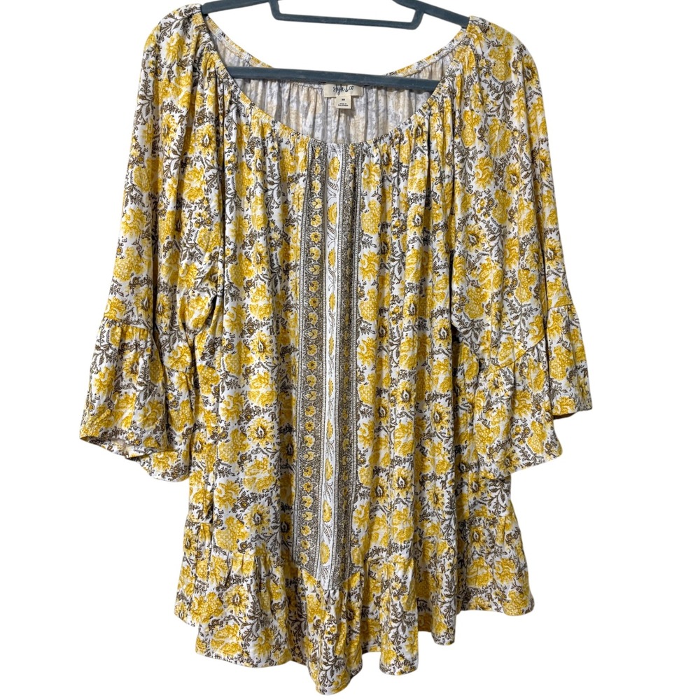 Style & Co Womens 3X Tunic Top Yellow Floral Boho Bell Sleeve Ruffle Prairie